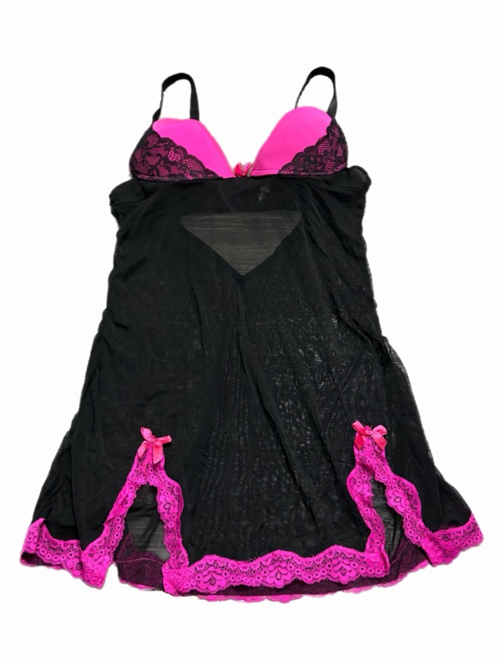 Y2K European Vintage Lace & Mesh Push-Up Teddy Mini Slip Dress Black/Pink Medium